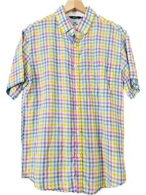 Bohio Linen Men's Printed Button-Up Shirt Top Plaid Primary‎ Pink Blue Yellow M